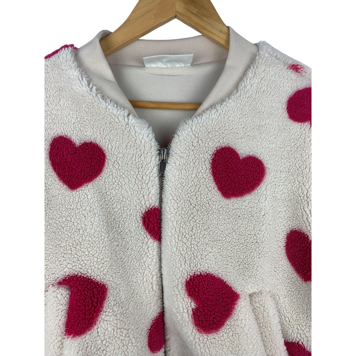 No Boundaries L Faux Fur Heart Print Zip-Up Jacket
