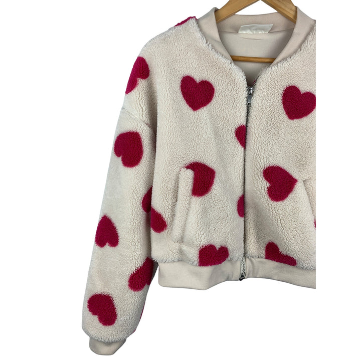 No Boundaries L Faux Fur Heart Print Zip-Up Jacket