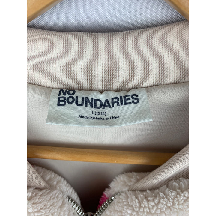 No Boundaries L Faux Fur Heart Print Zip-Up Jacket
