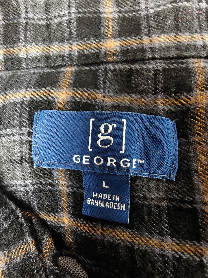 Mens George Flannel Shirt Black Gray Plaid Size L