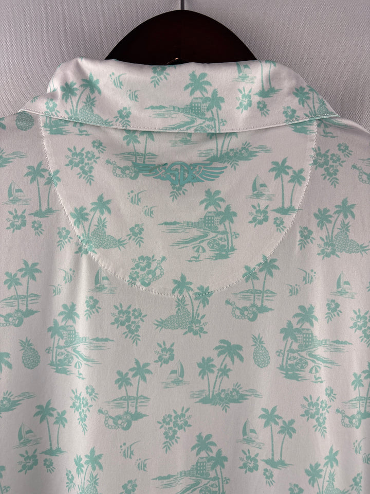 Men’s Straight Down XL White Golf Polo w/ Green Hawaiian Pattern