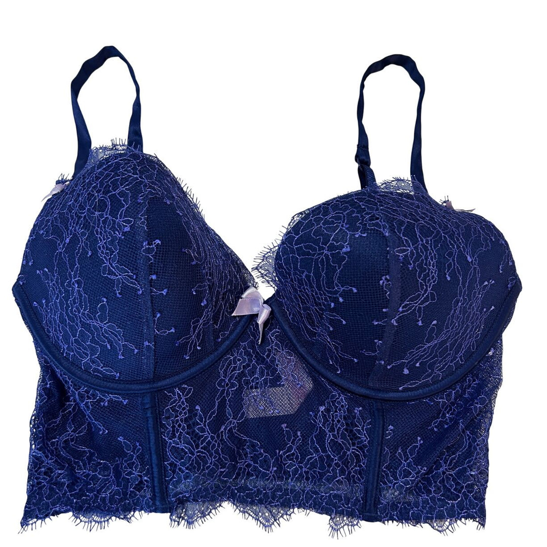 Womens Victoria Secret Navy Blue Floral Lace Corset Bustier