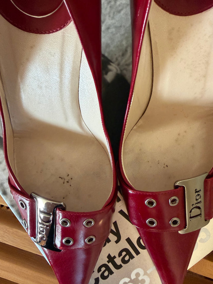 Vintage Christian Dior Red Leather Logo Buckle Pumps 38.5