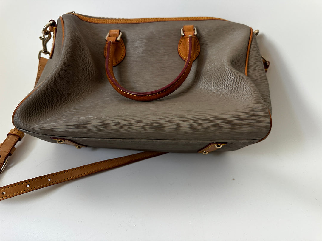 Dooney &amp; Bourke Taupe Gray Satchel Bag Tan Leather Trim Crossbody Strap