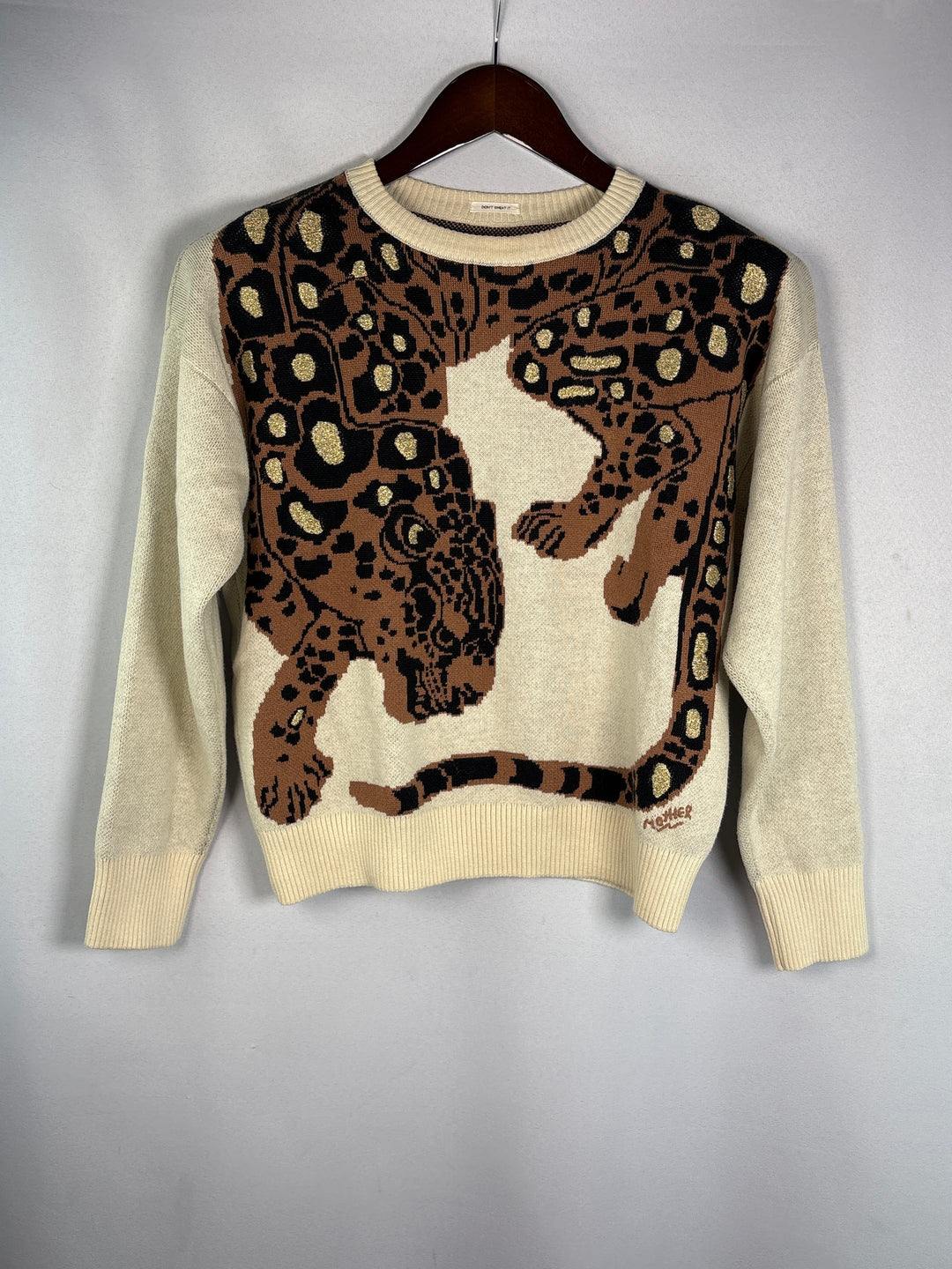 Cream Cheetah Jacquard Knit Crewneck Cotton Sweater For Women