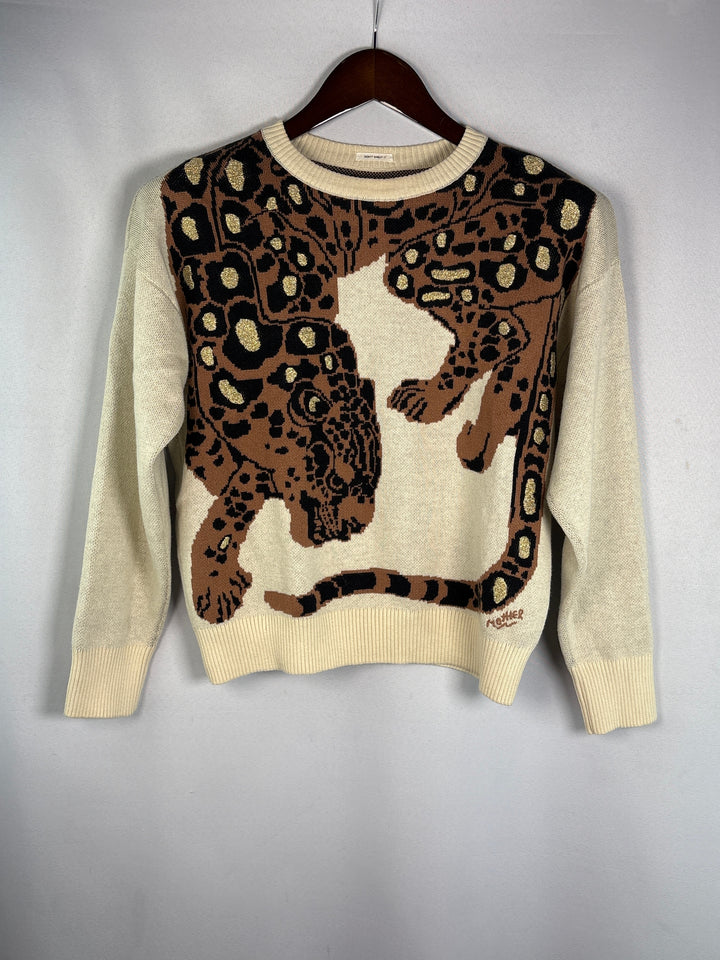 Cream Cheetah Jacquard Knit Crewneck Cotton Sweater For Women