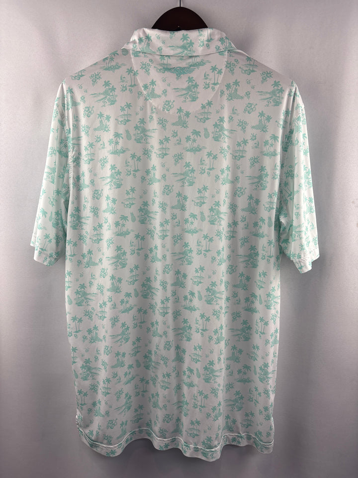 Men’s Straight Down XL White Golf Polo w/ Green Hawaiian Pattern
