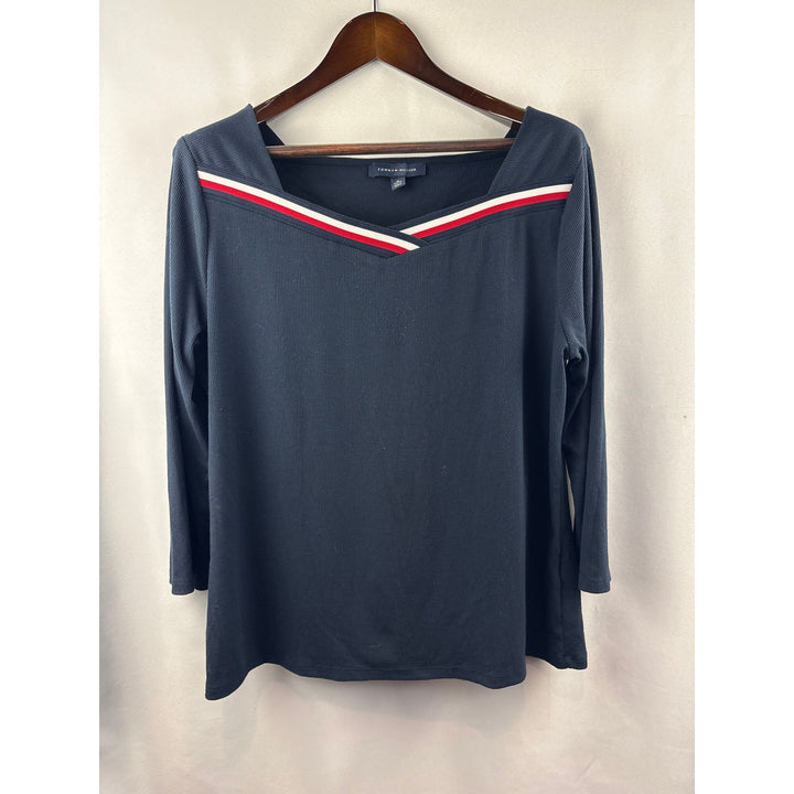 Women’s Tommy Hilfiger XL Navy Long Sleeve Blouse w/ Red & White Neckline