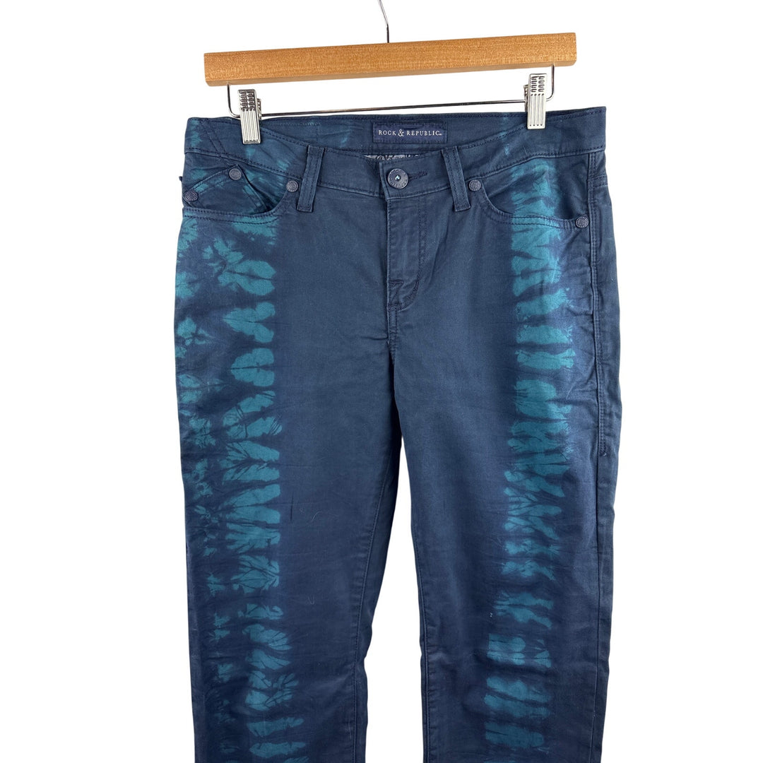 Women’s Rock & Republic Size 10 Navy Blue w/ Teal Tie-dye Skinny Jeans
