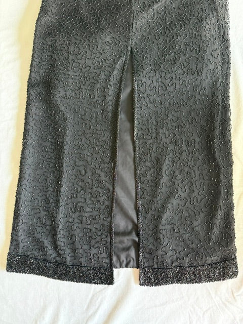 Laurence Kazar 90s Vintage Silk Black Beaded Dress SzL