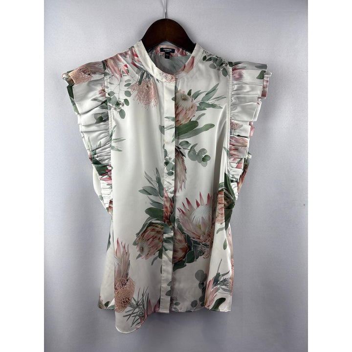 Women’s Express Large White Satin Sleeveless Floral Blouse