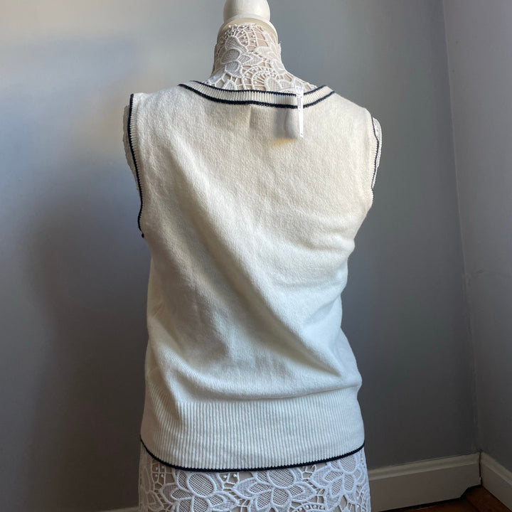 Old Navy Academia White/Cream V-neck Sweater Vest Navy Trim Fall Layer Size Med