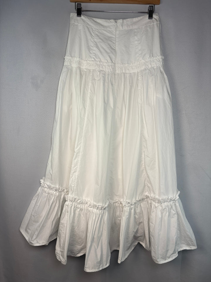 Casual White Tiered Maxi Skirt For Women With Two Front Pockets
