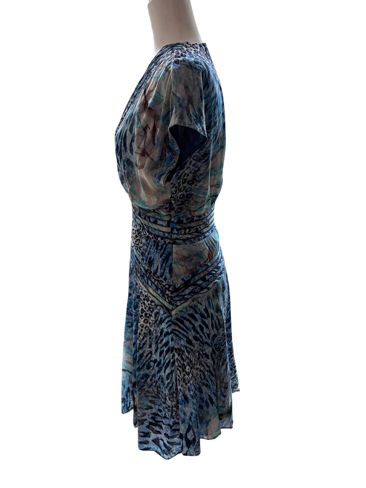 Marciano by GUESS Rose Romance Feminine Animal Motif Blue mini flared v-neck women's dress, size 2