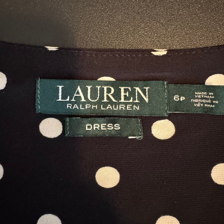 Lauren Ralph Lauren Black Polka Dot Swing Dress, Short Sleeve, Knee-Length, Size 6P