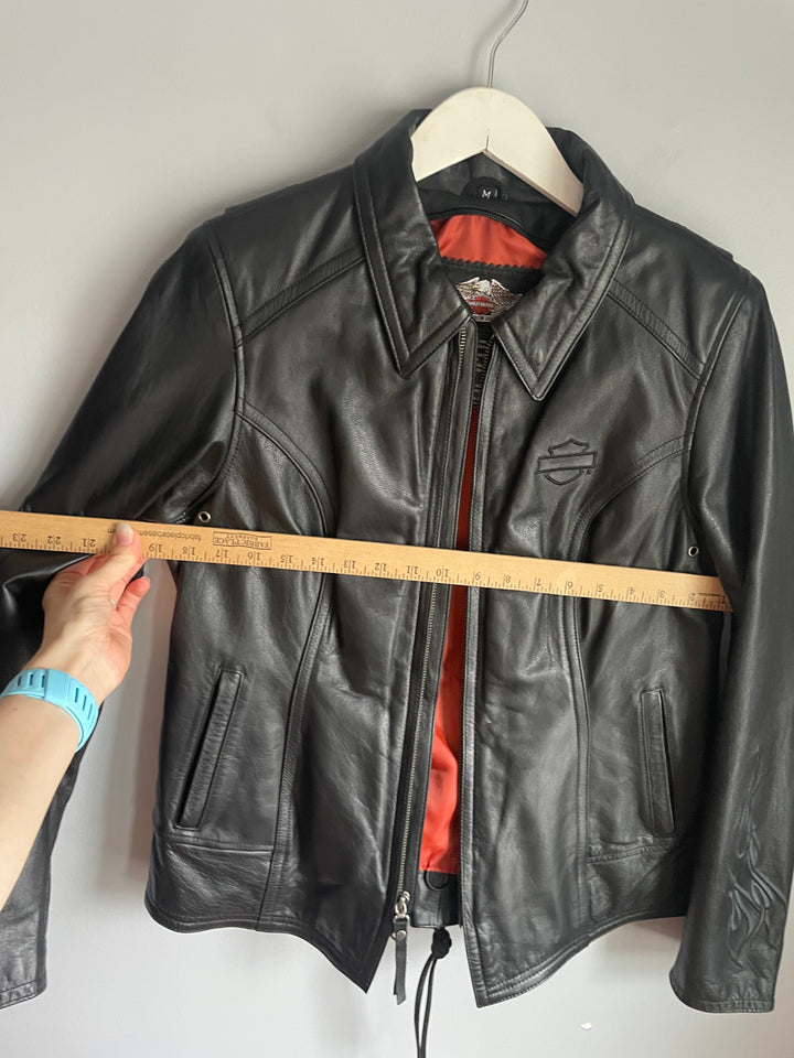 Harley Davidson Womens Black Leather Jacket Flame Embroidery Zip Front Sz M