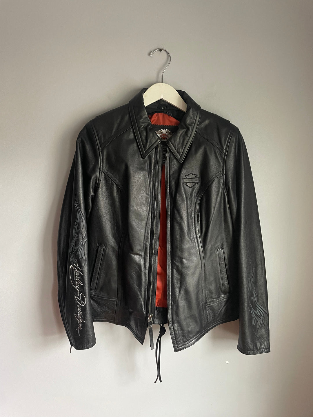 Harley Davidson Womens Black Leather Jacket Flame Embroidery Zip Front Sz M