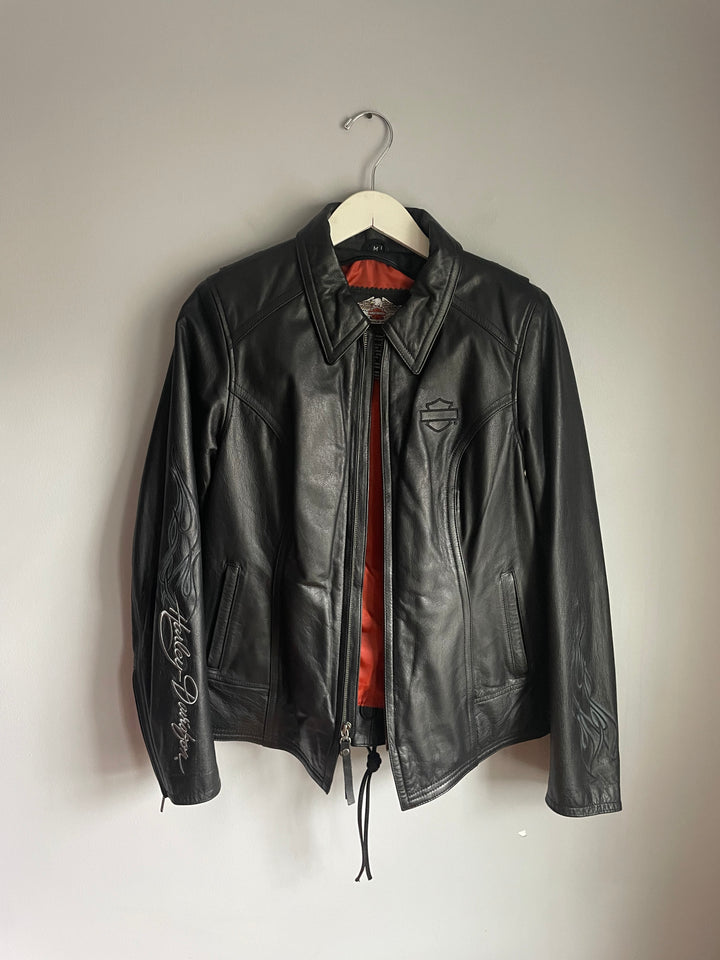 Harley Davidson Womens Black Leather Jacket Flame Embroidery Zip Front Sz M