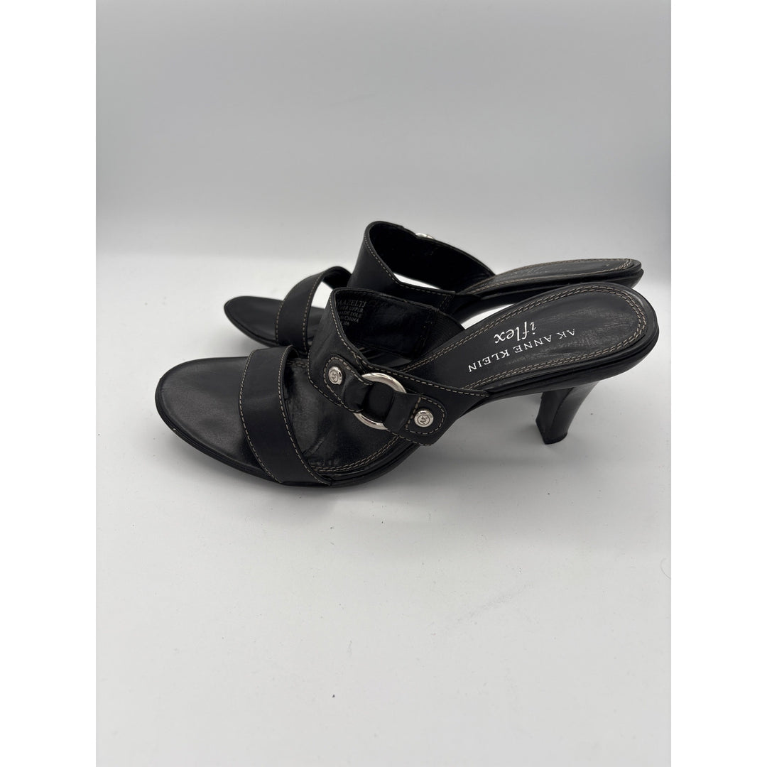 AK Anne Klein Womens Black Leather Heeled Sandals Size 7