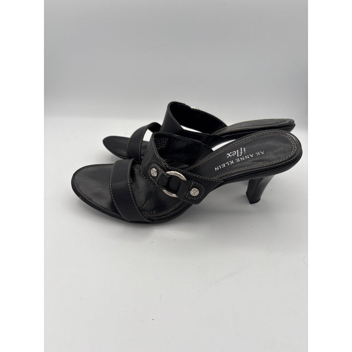 AK Anne Klein Womens Black Leather Heeled Sandals Size 7