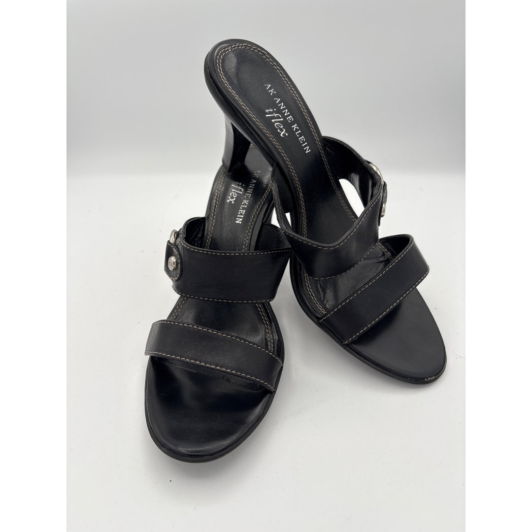 AK Anne Klein Womens Black Leather Heeled Sandals Size 7