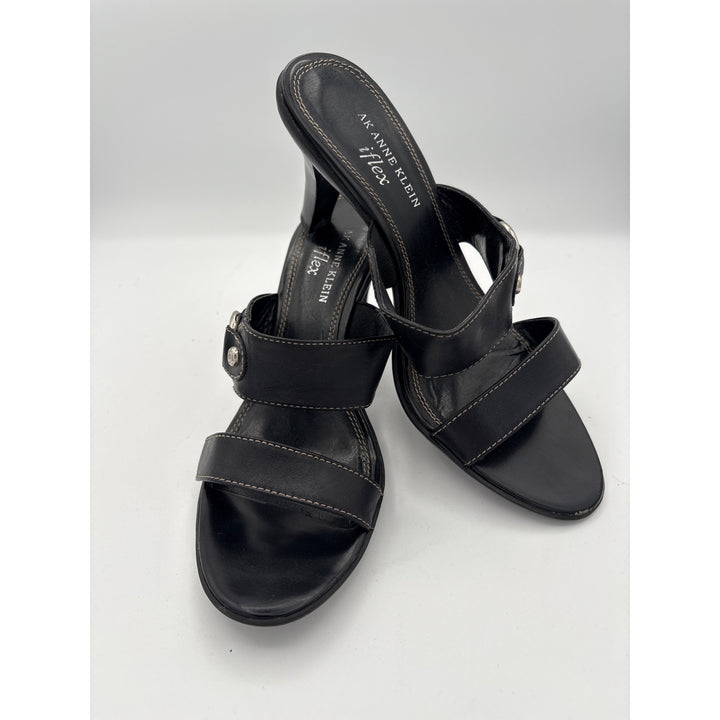 AK Anne Klein Womens Black Leather Heeled Sandals Size 7