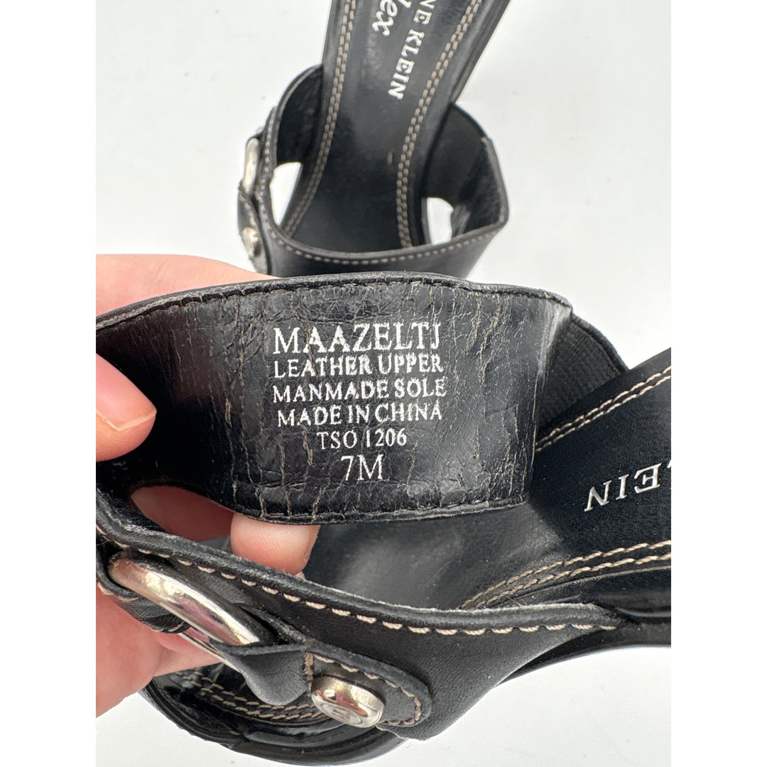 AK Anne Klein Womens Black Leather Heeled Sandals Size 7