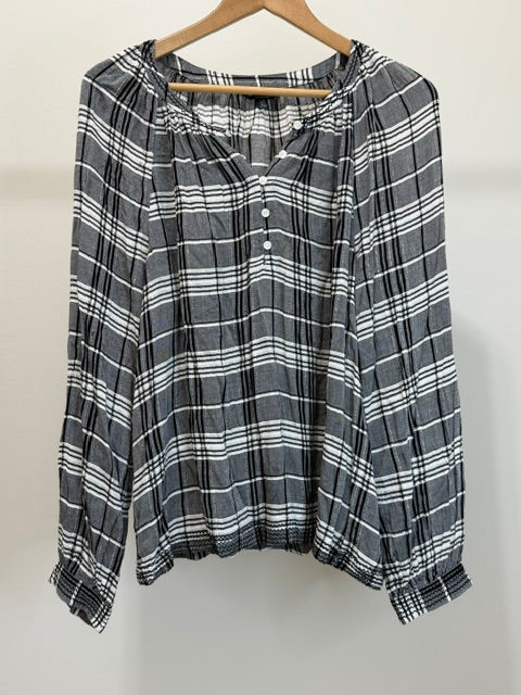 Lucky Brand Black &amp; White Plaid Embroidered Henley Blouse SzL
