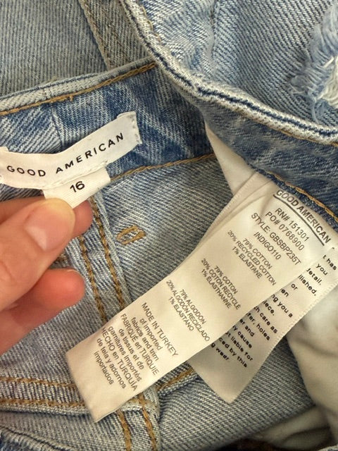Good American Distressed Denim Shorts Button Fly Raw Hem Sz16(33/34)