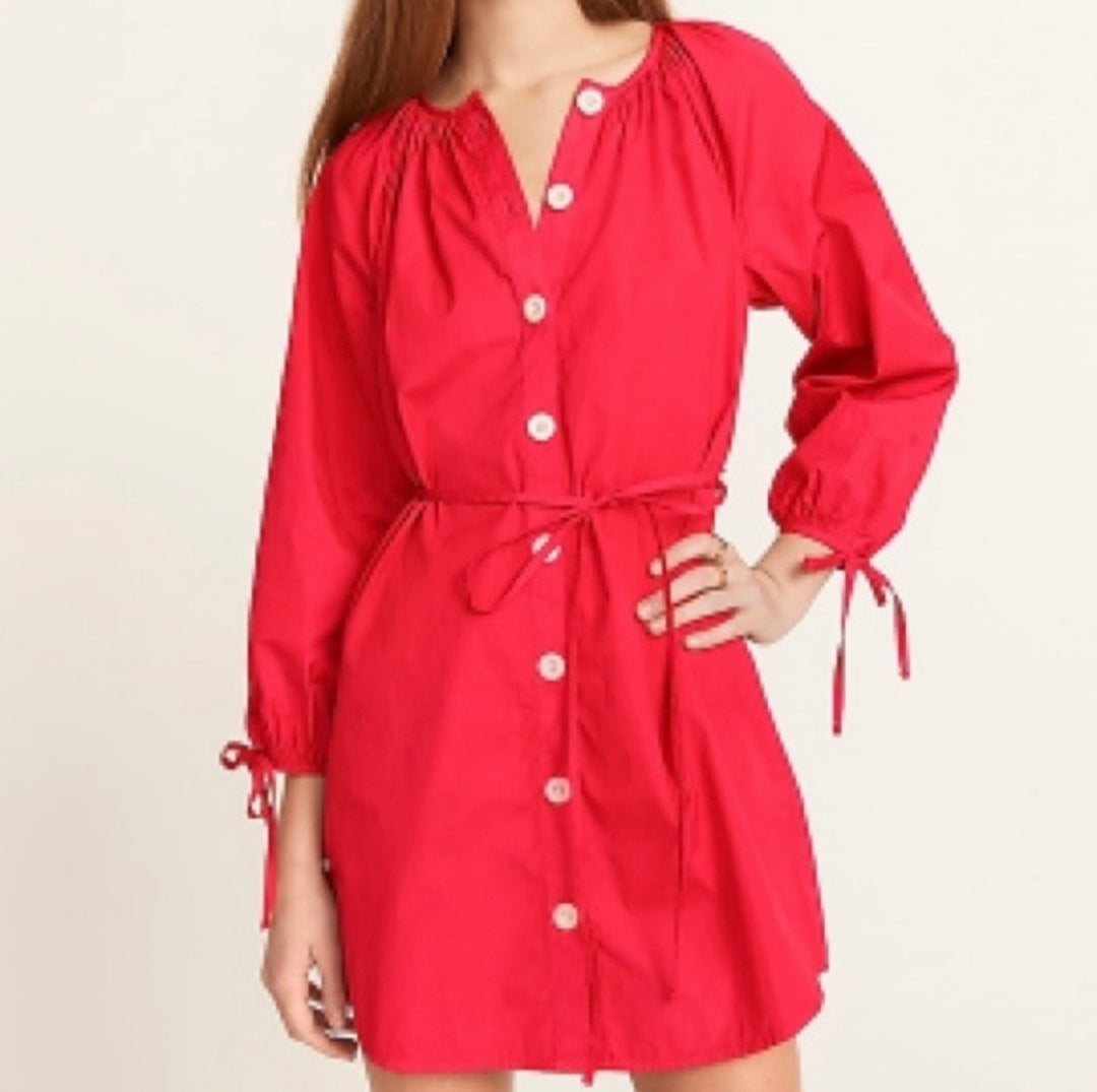 J.Crew Tie‑Sleeve Button‑Front Cotton Poplin Dress – Bright Pink SzXL NWT