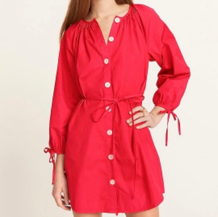J.Crew Tie‑Sleeve Button‑Front Cotton Poplin Dress – Bright Pink SzXL NWT