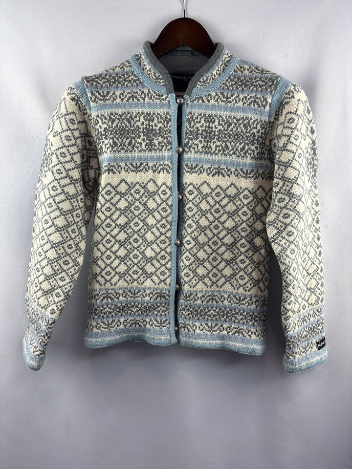 Women’s Ice Wear Small Cream Blue Gray Patterned Cardigan