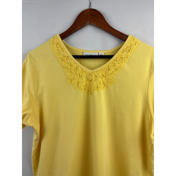 Women’s Susan Graver Large Yellow Short Sleeve Shirt with Lace Neckline