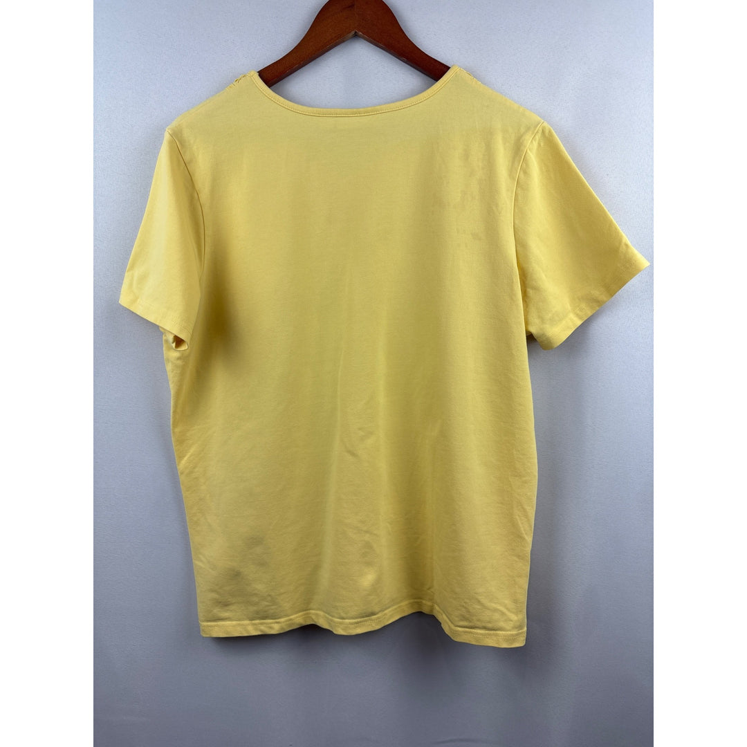 Women’s Susan Graver Large Yellow Short Sleeve Shirt with Lace Neckline