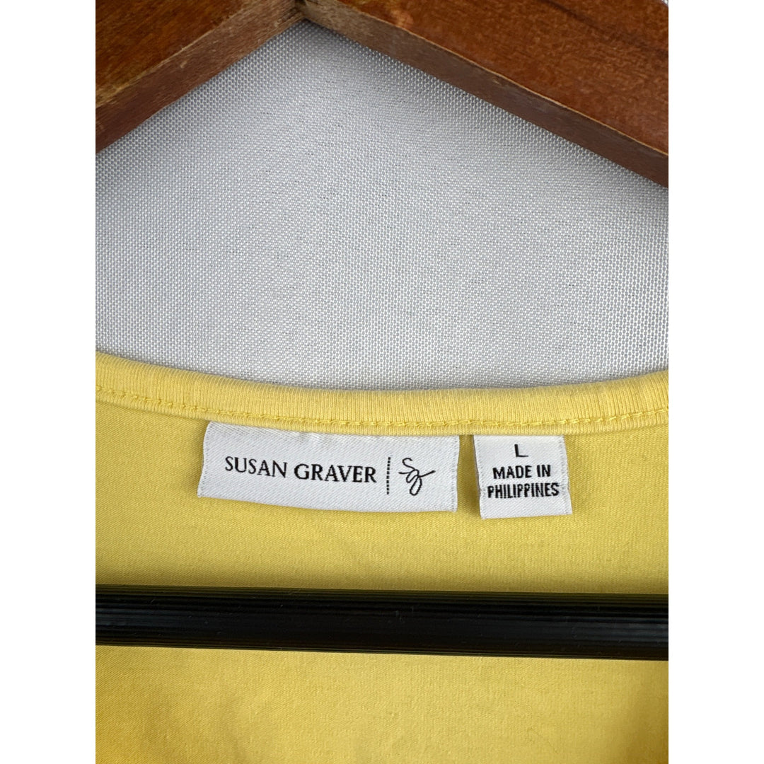 Women’s Susan Graver Large Yellow Short Sleeve Shirt with Lace Neckline