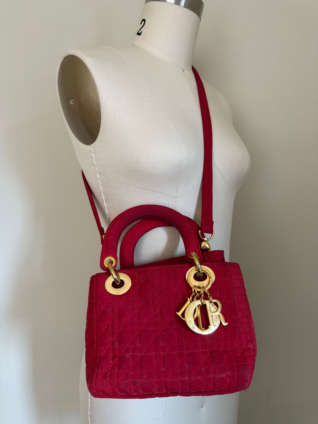 Vintage Christian Dior Lady Dior Red Cannage Nylon Canvas Bag w/ Strap