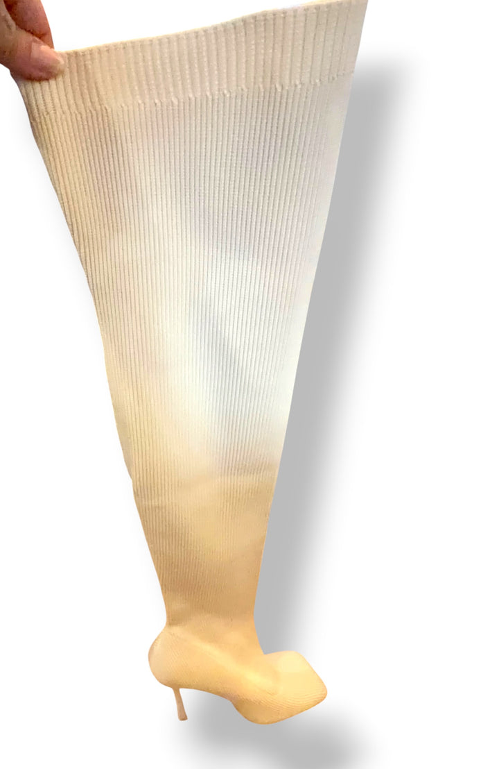 Cream Ribbed Knit Thigh High Boots Square Toe Stiletto Heel Size 9