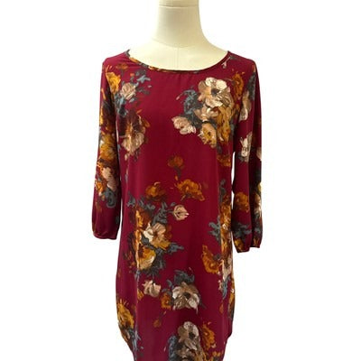 Rue21 Floral Dress Womens Small 3/4 Sleeve Burgundy Polyester
