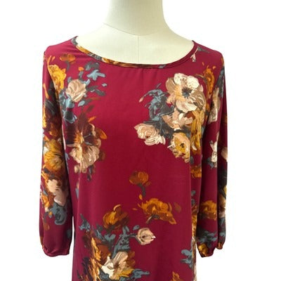 Rue21 Floral Dress Womens Small 3/4 Sleeve Burgundy Polyester