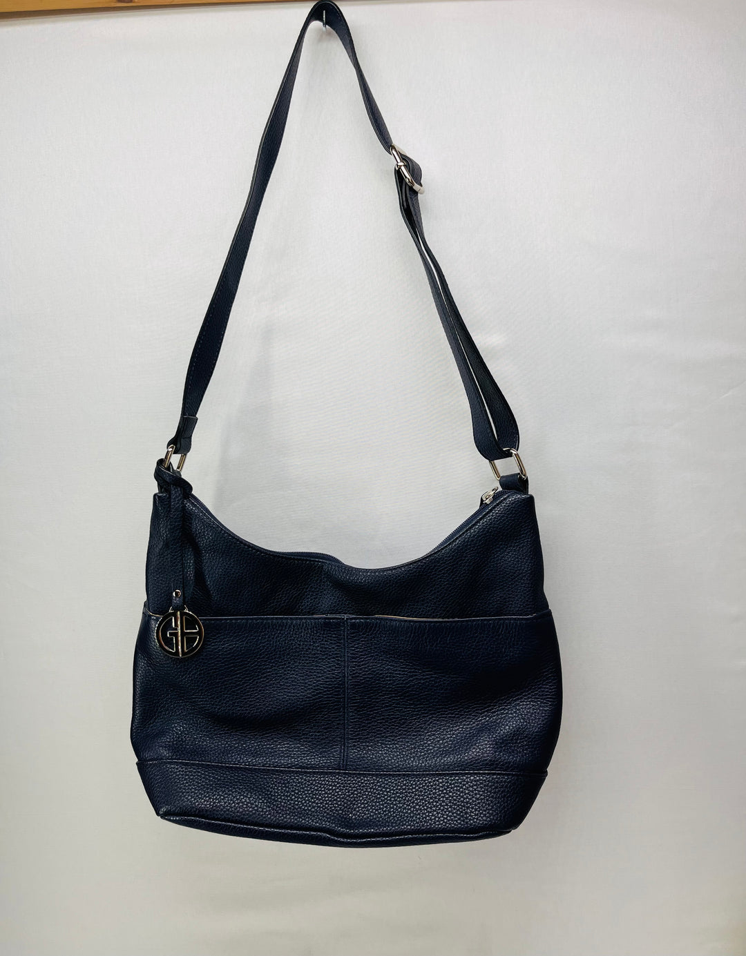 Giani Bernini Bridle Leather Hobo Bag Navy Blue Pebbled Leather Shoulder Purse