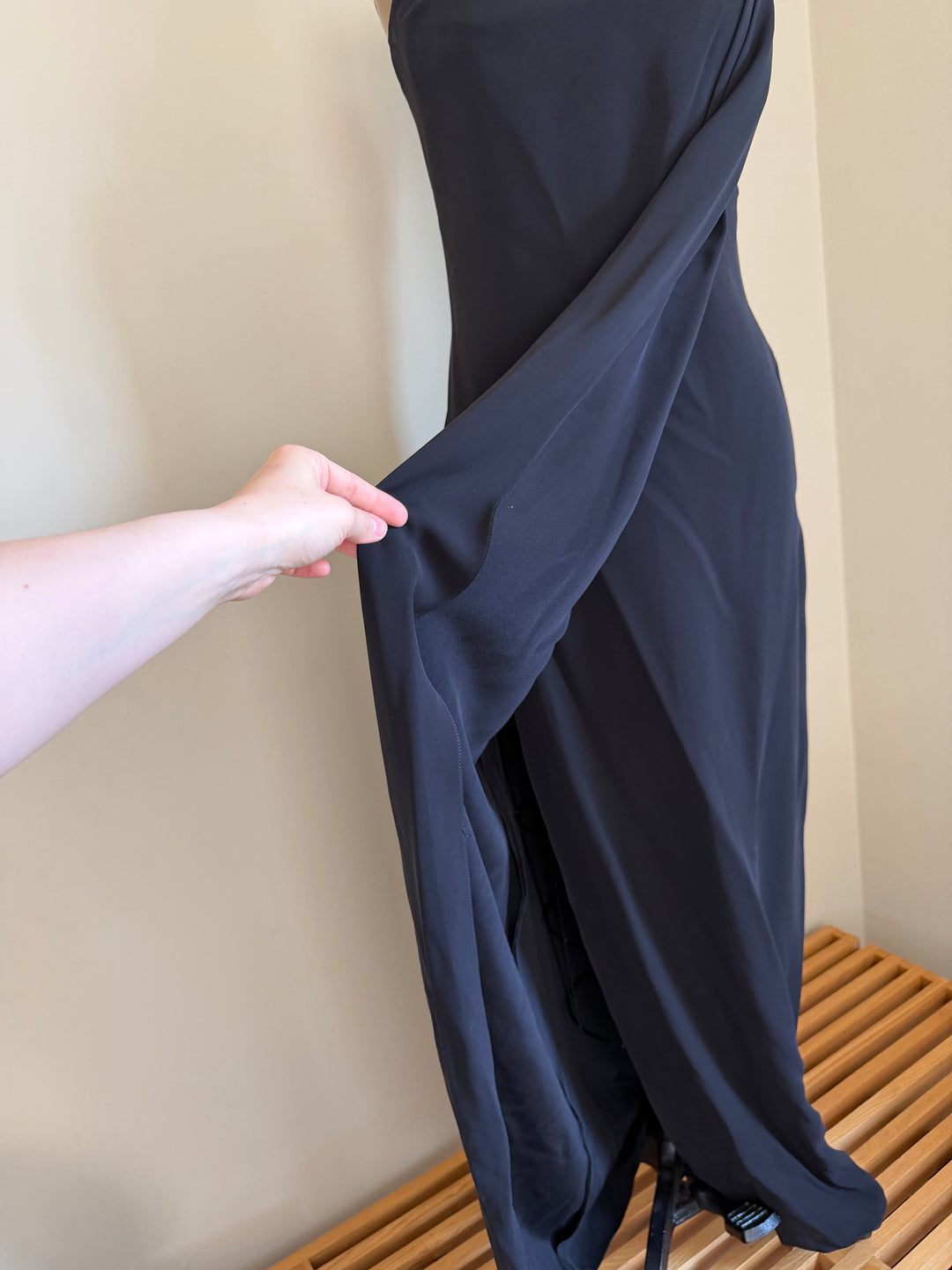 Vintage 1990s Calvin Klein Black Strapless Draped Column Maxi Gown
