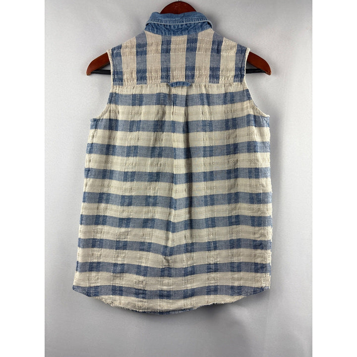 Purrfect By Krazi Kat Womens Medium Sleeveless Blue &amp; White Plaid Button Down Top