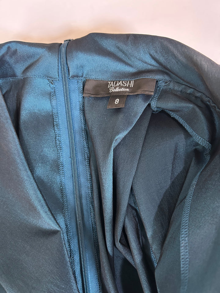 Tadashi Collection Women’s Size 8 Deep Teal Blue Green Satin Tie Waist Midi Dress Ruched Sleeve cocktail