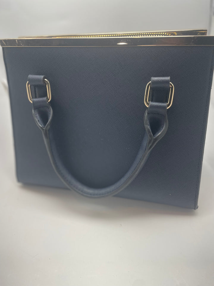Dune London Navy Blue Structured Satchel Handbag Gold Hardware Women&