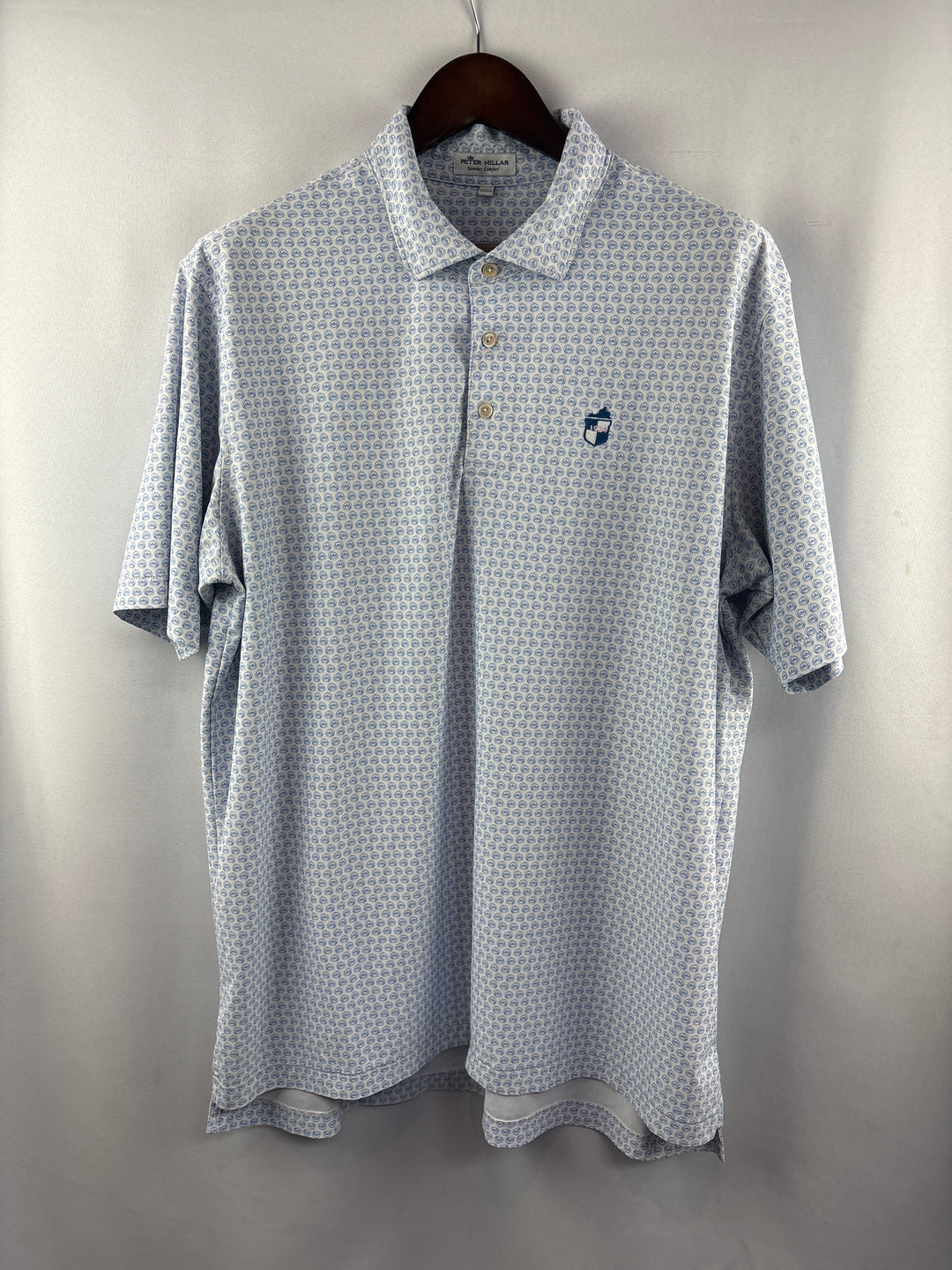 Men’s Peter Millar XL White &amp; Light Blue Patterned Golf Polo