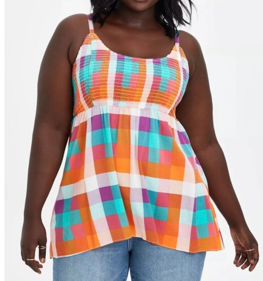Torrid Stretch Challis Plaid Babydoll Tank Sz1 /1X / 14-16