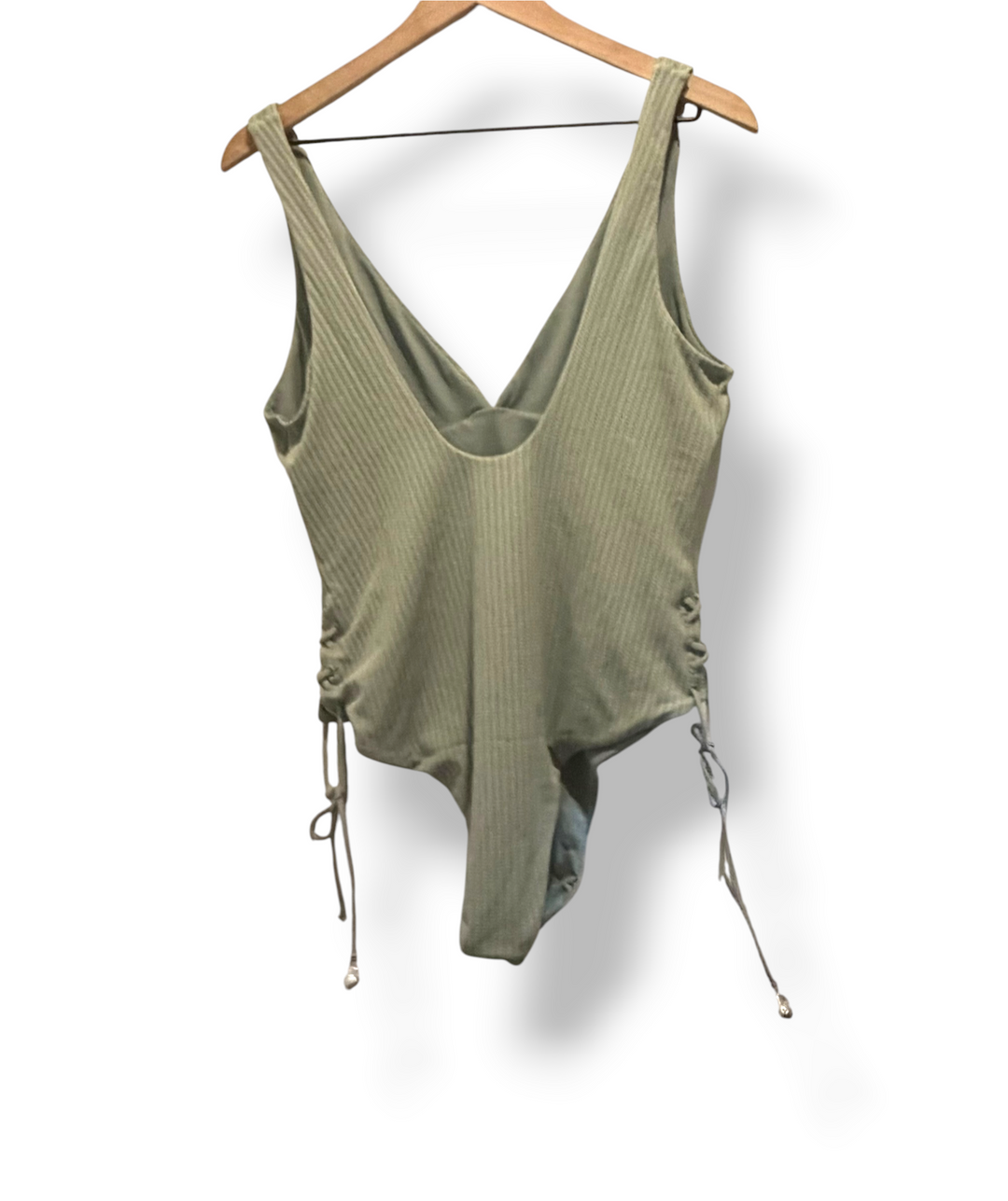 ASOS DESIGN Sage Green Ribbed Mesh Side Lace-Up One Piece Swimsuit Size 12 NWOT