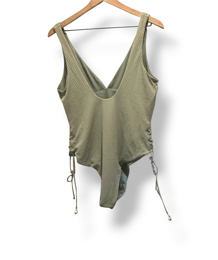 ASOS DESIGN Sage Green Ribbed Mesh Side Lace-Up One Piece Swimsuit Size 12 NWOT