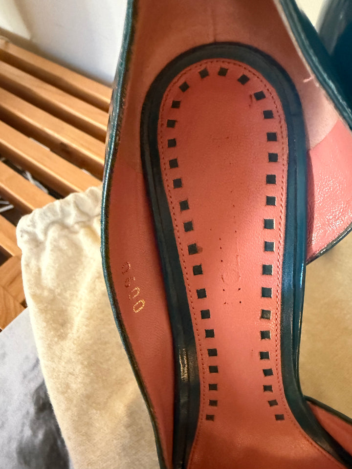 Louis Vuitton Vintage Teal Patent Leather Peep Toe Heels Pumps Size 39 Y2K
