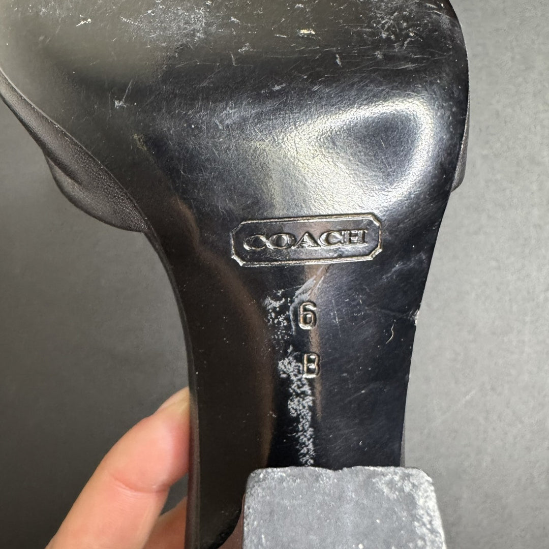 Coach Black Leather Peep-Toe Heels, Ankle Tie, 3.5" Block Heel, Size 6B